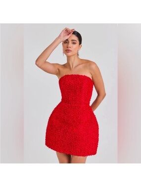 NADINE MERABI Strapless Red Textured Mini Dress